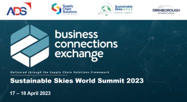 Banner for the Business Connections Exchange at Sustainable Skies World Summit 2023, held 17–18 April. Includes logos for ADS, Supply Chain Solutions Framework, Sustainable Skies 2023, and Farnborough International, with a dark background and network-style face silhouette.