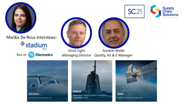 Marika De Rosa interviews Vince Light, Managing Director, and Gordon Webb, Quality, HS&E Manager at Stadium IGT (part of TT Electronics), featuring SC21 and Supply Chain Solutions branding with visuals highlighting aerospace, defence, and space industry applications.