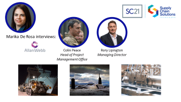 Marika De Rosa interviews Colin Peace, Head of Project Management Office, and Rory Lipington, Managing Director at Allan Webb, with SC21 and Supply Chain Solutions branding and images of naval vessels, submarines, and defence industry systems.