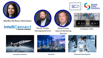 Interview graphic featuring Marika De Rosa with Gareth Phillips and Steve Groves from IntelliConnect, including SC21 and Supply Chain Solutions logos, a company video still, and imagery representing aerospace, industrial, and research & development sectors.