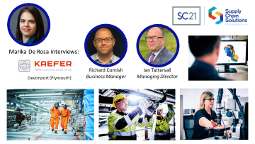 Image featuring Marika De Rosa’s interview with Richard Cornish and Ian Tattersall of KAEFER Devonport (Plymouth), with SC21 and Supply Chain Solutions branding and visuals of industrial and manufacturing environments.
