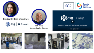 Visual showing Marika De Rosa interviewing Cliff Yates, Group Quality Director at ASG Group | Phoenix, alongside SC21 and Supply Chain Solutions logos and images of manufacturing equipment and materials.