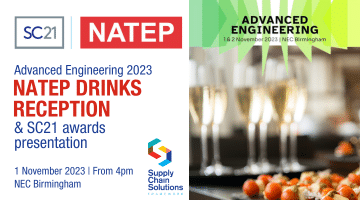 Promotional banner for the NATEP Drinks Reception and SC21 Awards Presentation at Advanced Engineering 2023, scheduled for 1 November 2023 at NEC Birmingham.