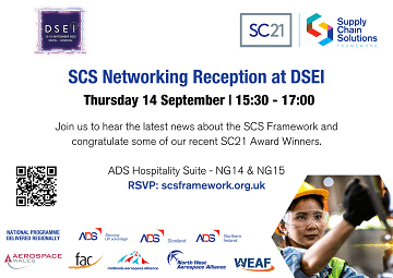 Promotional graphic for the SCS Networking Reception at DSEI on Thursday 14 September 2023 from 15:30 to 17:00 at the ADS Hospitality Suite, featuring SC21 award news and networking opportunities.