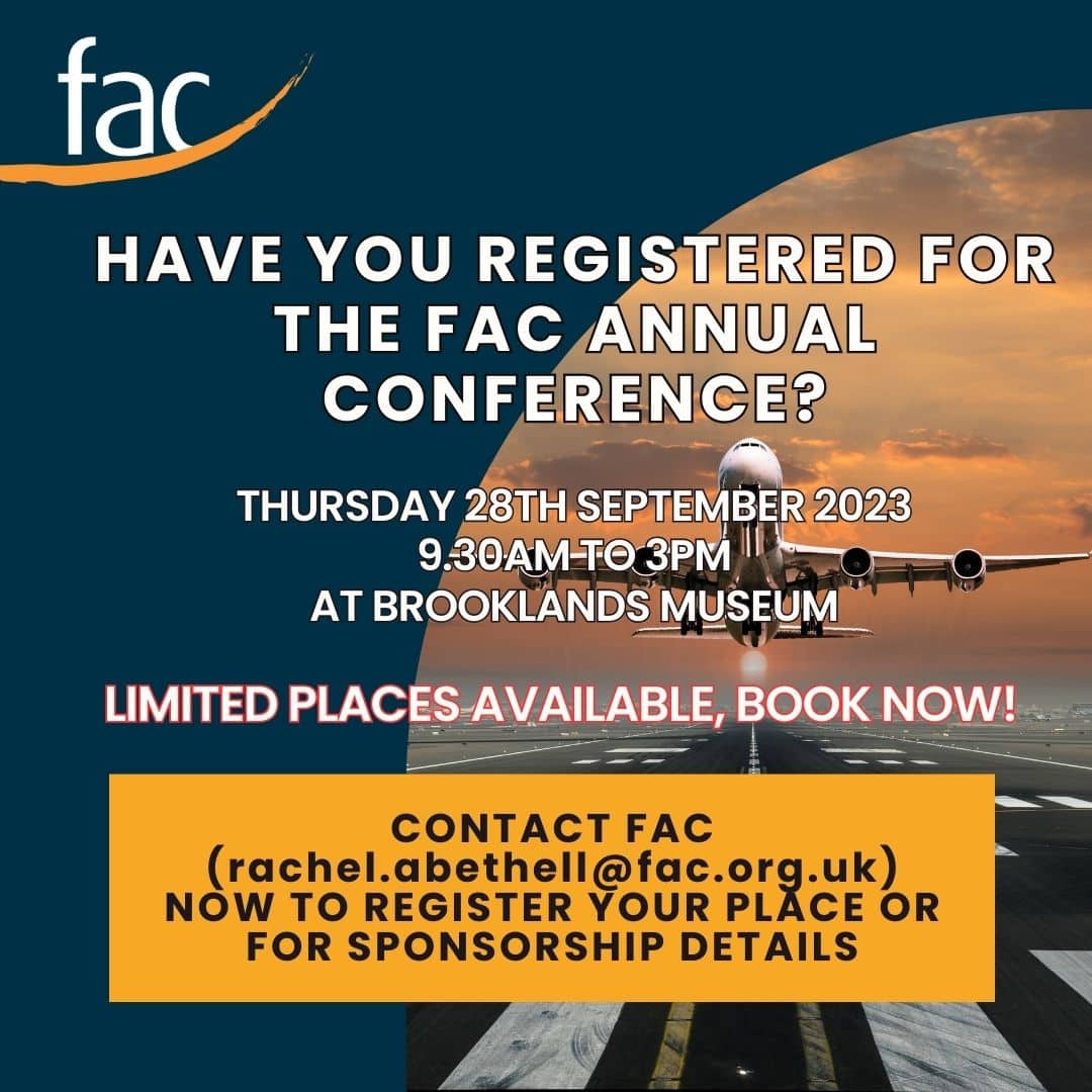 Promotional graphic for the FAC Annual Conference on 28th September 2023 at Brooklands Museum, featuring a plane on a runway and registration contact details.