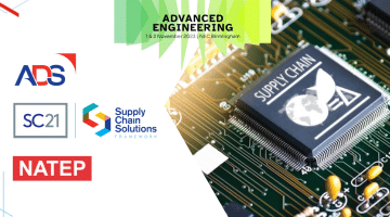 Promotional graphic for Advanced Engineering 2024 featuring logos for ADS, SC21, Supply Chain Solutions, and NATEP, alongside a microchip labelled “SUPPLY CHAIN”.
