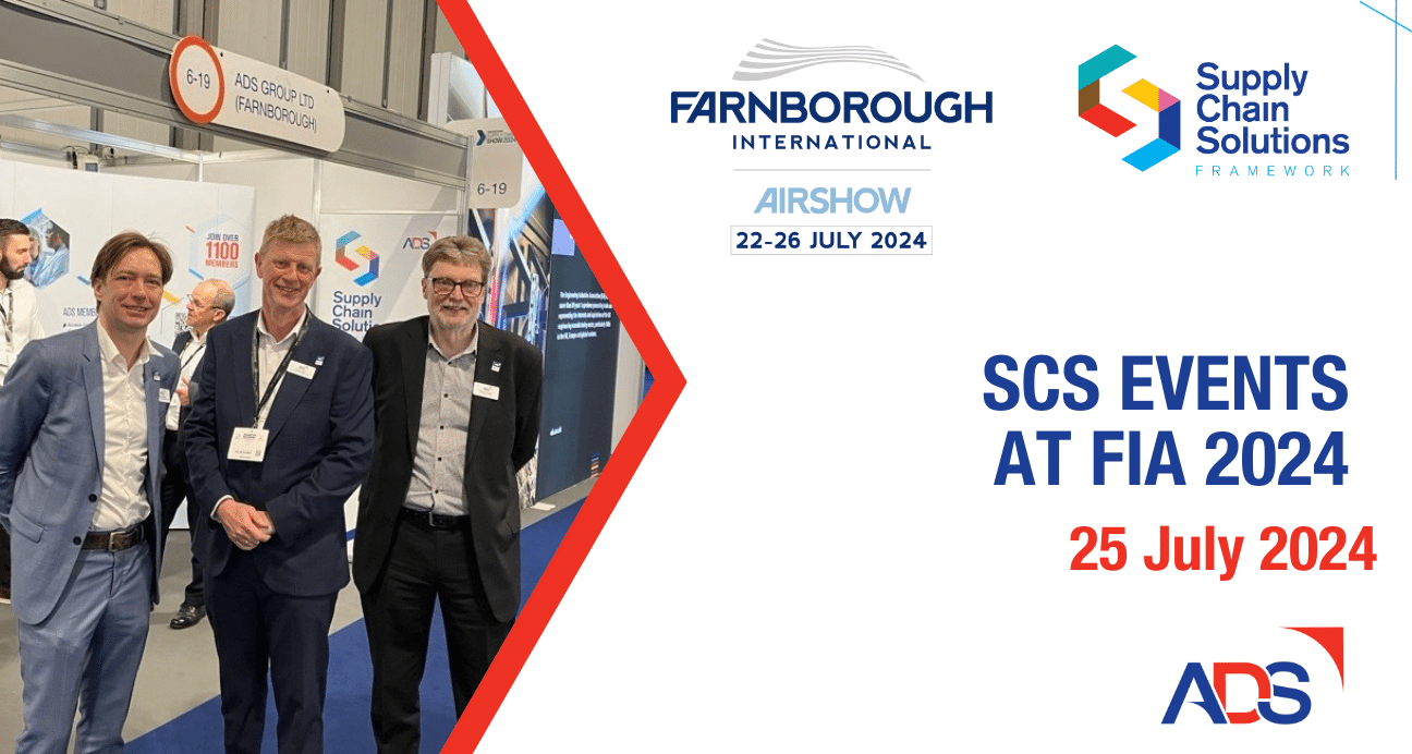 Three people stand at an exhibition booth promoting Supply Chain Solutions at Farnborough International Airshow 2024, highlighting SCS events on 25 July.