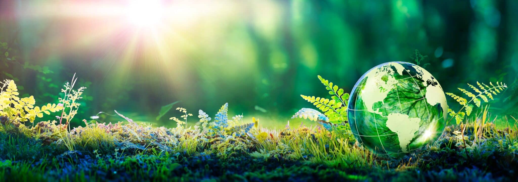 A vibrant green forest scene with sunlight streaming through the trees and a translucent globe resting on the grass, symbolising sustainability and environmental protection.