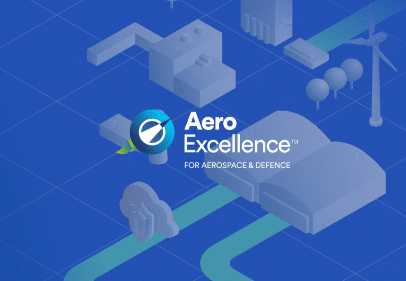 Aero Excellence logo over a stylised blue background featuring industrial buildings, wind turbines, and trees, representing aerospace and defence sector innovation.