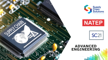 Microchip labelled ‘Supply Chain’ on a circuit board, alongside logos for Supply Chain Solutions Framework, NATEP, SC21, and Advanced Engineering.