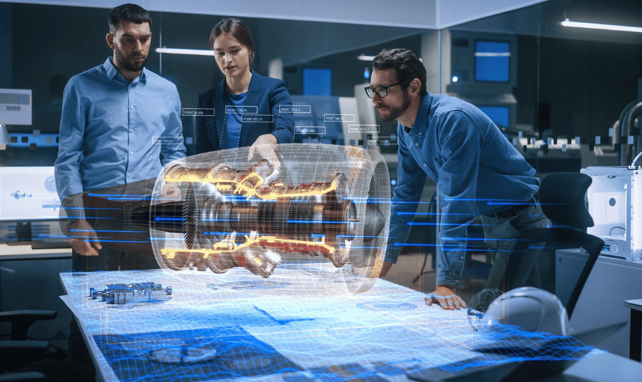 Three engineers using augmented reality to examine a holographic engine prototype in a modern engineering laboratory