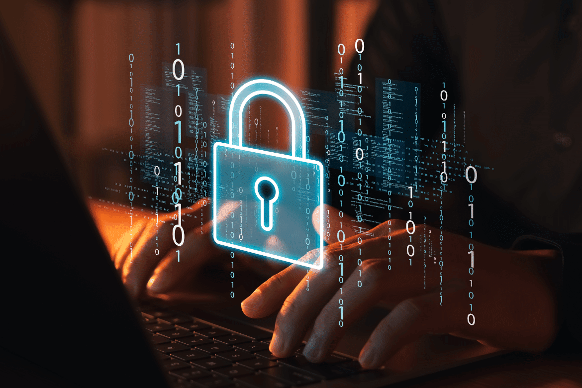 Person typing on a laptop with a glowing padlock icon and binary code overlay, symbolising cybersecurity, data protection, and secure digital communication.