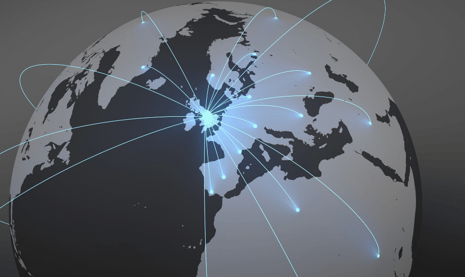 Stylised 3D globe showing illuminated lines representing digital connections radiating from central Europe to locations worldwide